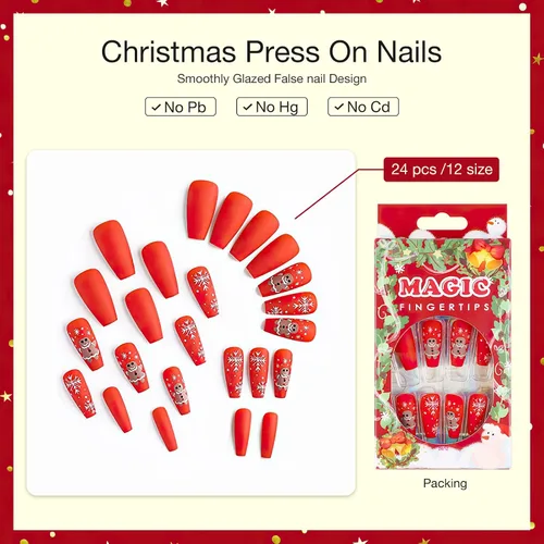 Miniatura 2 de Año Nuevo Navidad Prensa en Uñas Largas Ataúd Acrílico Uñas Falsas Kit Navidad Copo de Nieve Decoración de Uñas Falsas Bailarina Uñas Falsas Puntas