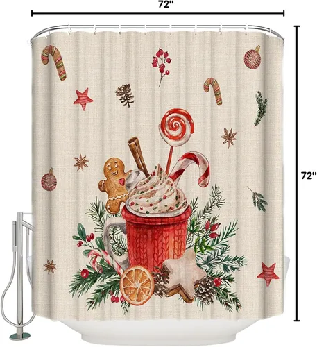 Miniatura 10 de Cortina de ducha navideña para baño, 72 x 72 pulgadas, diseño de hombre de jengibre retro, café, capuchino, cortina de ducha de lino con ganchos