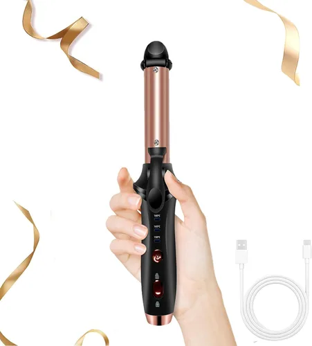 Rizador inalámbrico recargable, rizador de pelo inalámbrico portátil de 4000 mAh, mini rizador de 3 ajustes de temperatura, rizador de viaje a