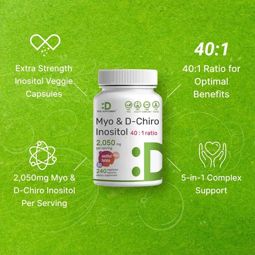 Miniatura 4 de Suplemento de Myo-Inositol y D-Chiro Inositol para Mujeres (40:1) 2,050 mg por Porción 240 Cápsulas Vegetarianas con Folato, Vitamina D3