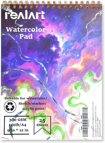 REALART Bloc de papel de acuarela A4, 9 x 12 pulgadas, 140 libras/10.58 oz/m², 25 hojas