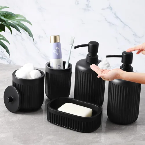 Miniatura 20 de XLHOMO Juego de accesorios de baño de resina beige de 5 piezas, dispensador de jabón y loción, soporte para cepillo de dientes, vaso de baño, porta