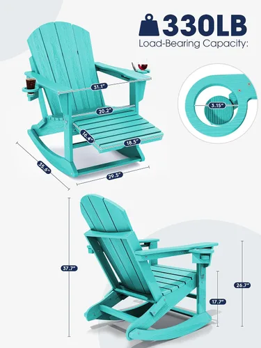 Miniatura 3 de Mecedora Adirondack de KINGYES con Otomana Retráctil y Portavasos, Silla Reclinable de Patio de HDPE Adirondack para Porche, Patio, Balcón, Azul Aqua