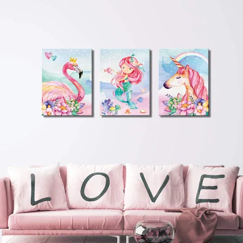 Miniatura 7 de Imágenes de decoración de pared de unicornio rosa para habitación de niñas, dormitorio, baño, arte de pared lindo de sirena, flamenco, acuarela