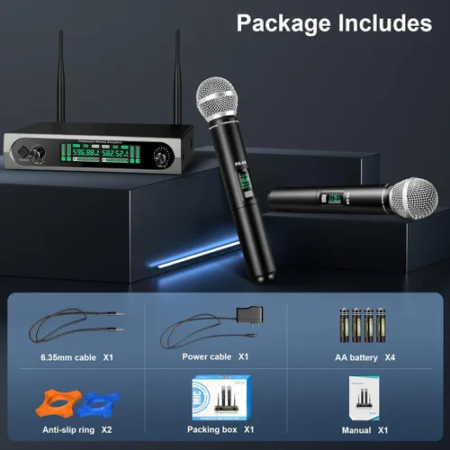 Miniatura 6 de Sistema de micrófono UHF inalámbrico, con 2 dispositivos de mano, escaneo automático, frecuencias UHF de 2 x 50, rango de 200 pies, micrófono
