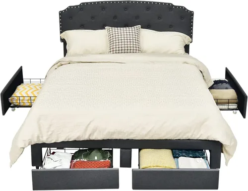 Miniatura 8 de Giantex Base de cama tapizada, cama de tamaño matrimonial con 4 cajones de almacenamiento y cabecera ajustable con botones, soporte de listones