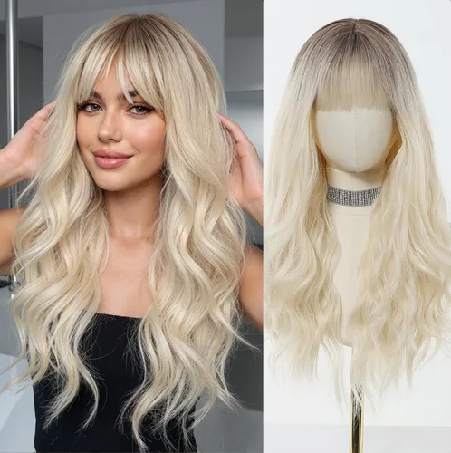 Miniatura 26 de Esmee Pelucas largas onduladas de color rubio ceniza para mujer con flecos, peluca de cabello sintético natural para uso diario y de fiesta
