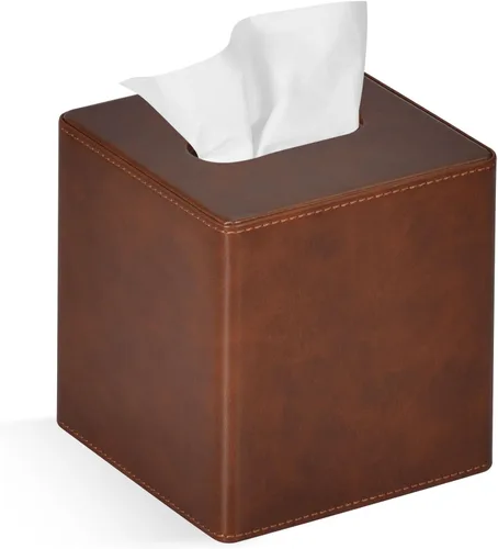 Miniatura 13 de Funda para caja de pañuelos cuadrada de piel sintética para caja de pañuelos facial para decoración de cómoda y baño (Beige)