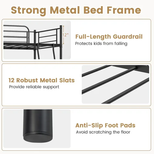 Miniatura 7 de KOMFOTT Cama tipo loft de metal tamaño individual, base de cama alta con escalera, barandilla de seguridad, litera loft que ahorra espacio