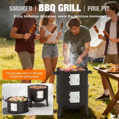 Miniatura 4 de Ahumador de carbón de 16", Parrilla de barbacoa vertical resistente 3 en 1, Fogata al aire libre con área de cocción de 402 pulgadas cuadradas