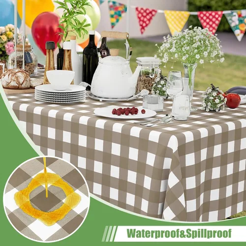 Miniatura 2 de Smiry Paquete de 3 Manteles Desechables de Cuadros Gingham Color Caqui - 54" x 72" Mantel de Plástico de Servicio Pesado, Cubiertas de Mesa