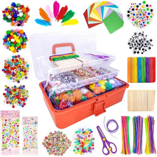 Miniatura 10 de kortes Suministros de arte y manualidades jumbo para niños, juego de suministros de arte de bricolaje incluye limpiapipas, pompones, plumas, caja