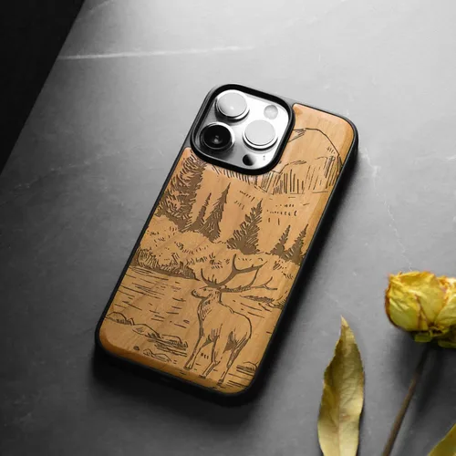 Miniatura 4 de Carveit Funda magnética de madera para iPhone 14 Pro, madera natural y TPU suave negro, funda protectora a prueba de golpes, funda de madera única