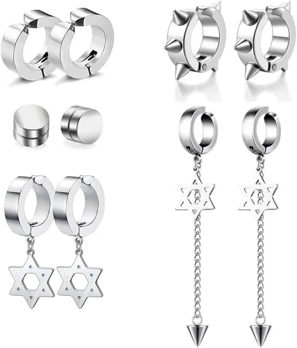Juego de 5 pares de aretes de aro de acero inoxidable negro sin perforación, remaches cruzados y borla para mujeres, hombres, niños y niñas, aretes