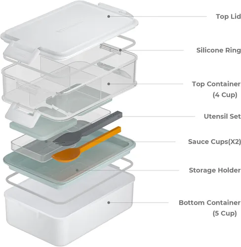 Miniatura 2 de linoroso Caja Bento Apilable Caja de Almuerzo para Adultos Satisface Todas Tus Necesidades Sobre la Marcha de Comida, Ensalada y Aperitivos, Caja