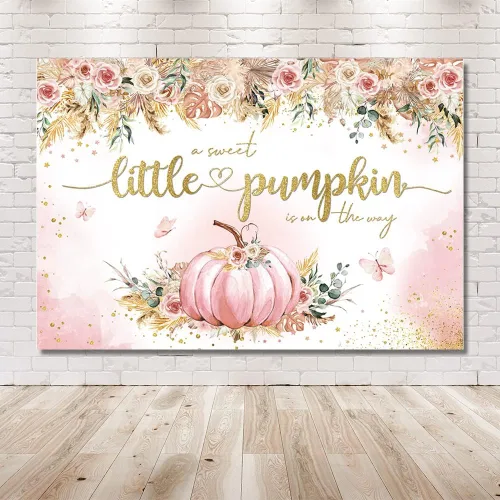 Miniatura 6 de MEHOFOND Telón de fondo bohemio de calabaza de otoño de 7 x 5 pies para niñas, diseño floral rosa con texto en inglés "A Sweet Little Pumpkin Is On