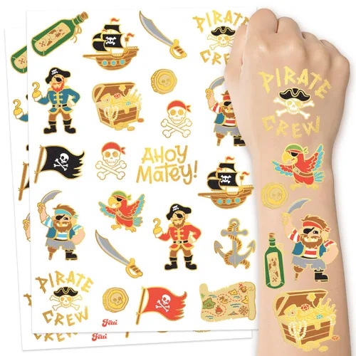 xo, Fetti Suministros de fiesta pirata tatuajes temporales - 44 estilos de lámina dorada | Cumpleaños náuticos, equipo de calavera, tesoro, barco