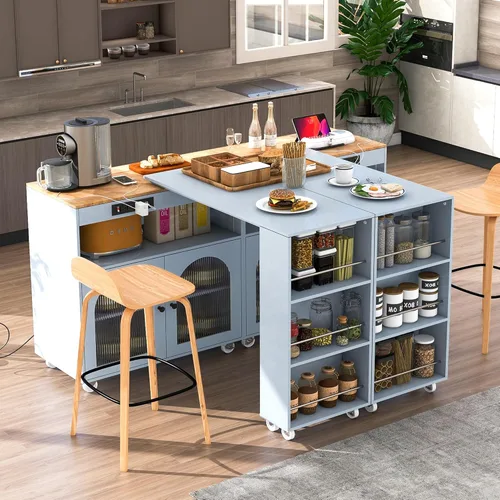 Miniatura 4 de K&K - Isla de cocina rodante con mesa extendida, luces LED, tomas de corriente, 2 puertas de vidrio, compartimento de almacenamiento, 3 estantes