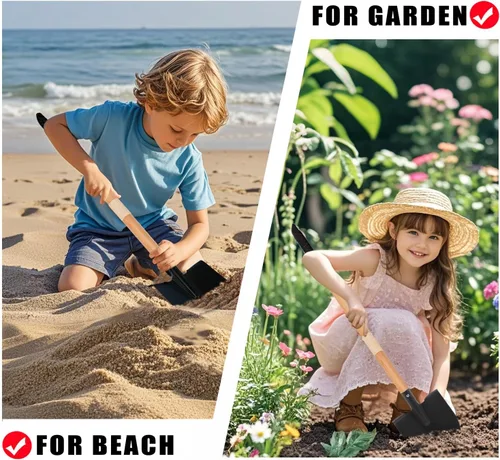 Miniatura 4 de Juego de rastrillo y pala para niños, 2 piezas, herramientas de jardín, cabeza de metal con mango de madera, gran regalo de jardinería para niños