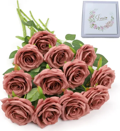 Miniatura 41 de LVEFIT 12 rosas artificiales de seda de color naranja quemado, ramo de rosas de seda de tallo largo para bodas, despedidas de soltera, fiestas
