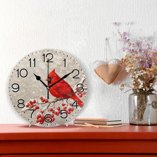Miniatura 2 de ALAZA Reloj de pared de copo de nieve de pájaro rojo, funciona con pilas, silencioso, de cuarzo, analógico, rústico, rústico, reloj redondo, Rojo