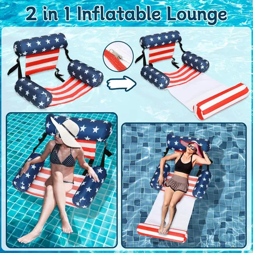 Miniatura 5 de Paquete de 2 flotadores inflables 2 en 1 para piscina con reposabrazos, tumbonas flotantes de tela para piscina, fideos para adultos, silla flotante