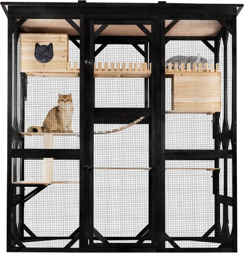 FunXplore 180,6 cm de largo Catio para gatos al aire libre para gatos grandes con acceso a ventanas, jaula para gatos de entrada para múltiples