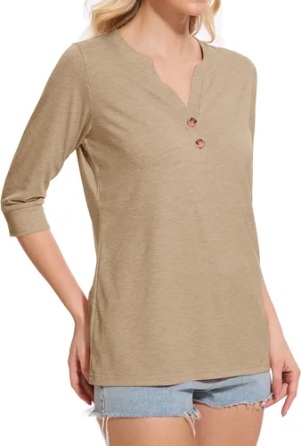 Miniatura 6 de Dimur Camisetas de manga 3/4 con cuello en V y botones para mujer, traje casual de negocios, camiseta básica de verano 2025