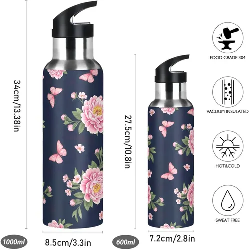 Miniatura 2 de Pink Peonies Botella de agua aislada de 20 onzas, botella de agua deportiva sin BPA con popote a prueba de fugas