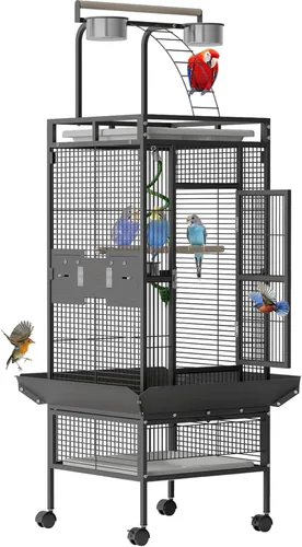 Jaula grande de hierro forjado de 60 pulgadas para pájaros con soporte rodante, jaula de loro de metal con parte superior de juego y 4 cuencos de