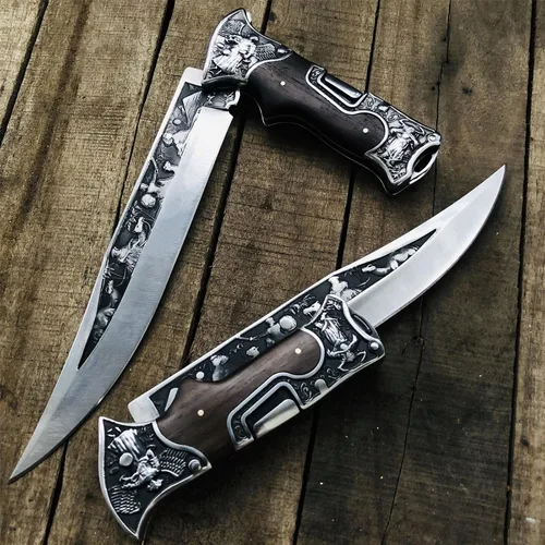 Miniatura 2 de MADSABRE Cuchillo de cabaña semi plegable grande de 12.7 pulgadas con hoja de 7.9 pulgadas de largo, mango de madera con patrón de relieve 3D