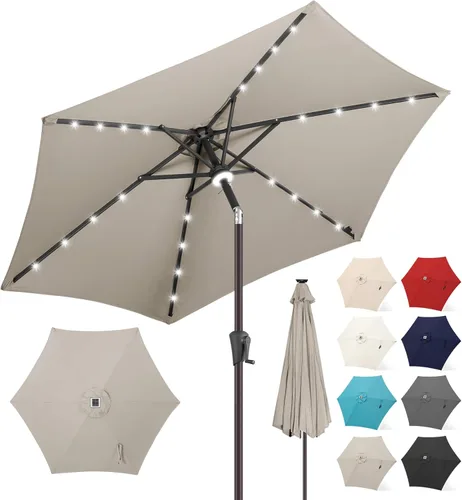 Miniatura 19 de FLAME&SHADE Sombrilla de patio con luz solar de 7.5 pies, 24 luces LED, sombrilla para exteriores con luz envolvente central, sombrilla de mesa