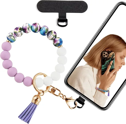 Miniatura 8 de Correa de muñeca de teléfono con cuentas de silicona, pulsera para teléfono con lengüeta de sujeción, pulsera manos libres para iPhone (negro)