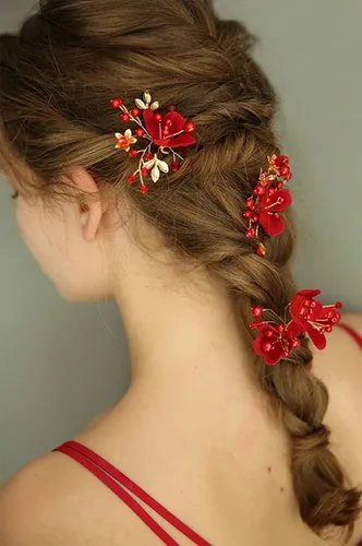 Miniatura 2 de Accesorio para el pelo de novia, peine de flores rojas con diamantes de imitación y perlas para mujeres, novia, graduación, fiesta, noche