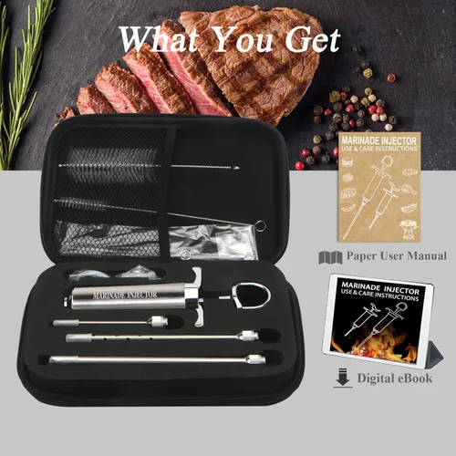 Miniatura 5 de Inyector de carne de acero inoxidable con 4 agujas de inyector de adobo profesional para parrilla, ahumador, barbacoa, manual de usuario, libro