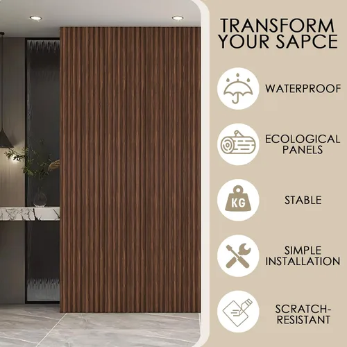 Miniatura 4 de Paquete de 8 paneles de pared con listones 3D, paneles de pared de madera sintética insonorizados para decoración de interiores, 48.2 x 6.3 Nogal