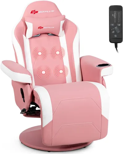 Miniatura 11 de Goplus - Silla gamer con masaje, altura ajustable, para videojuegos, con reposapiés retráctil, soporte para tazas, reposacabezas, silla giratoria