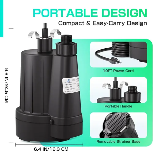 Miniatura 7 de D-HONOR - Bomba de sumidero sumergible para uso general, bomba de agua 1/3 HP 2400 GPH termoplástica eléctrica portátil de transferencia