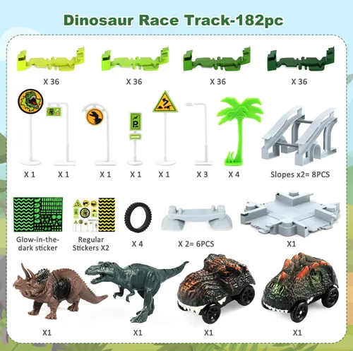Miniatura 6 de Juguetes de dinosaurio para niños de 3 a 5 años, juego de pista de tren flexible que brilla en la oscuridad, 2 autos de dinosaurio para niños