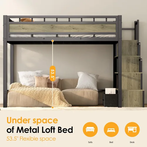 Miniatura 5 de Cama alta individual con escaleras, cama alta de metal resistente con almacenamiento y espacio debajo de la cama, más estable y segura