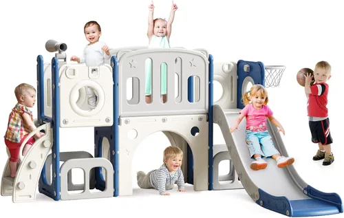 Miniatura 9 de MOCUTEEN Juego de escalador y tobogán 8 en 1 para niños pequeños con aro de baloncesto - Zona de juegos para interiores y exteriores, centro de Verde