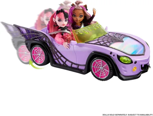 Miniatura 5 de Coche de juguete Monster High, vehículo Ghoul con accesorios para mascotas y enfriadores, convertible púrpura con detalles de telaraña