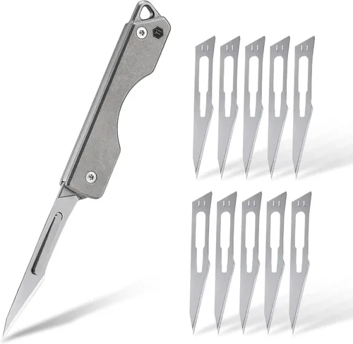 Miniatura 10 de KeyUnity KK01 Cuchillo plegable de titanio, cuchillo de bolsillo EDC con hoja reemplazable #24, para caza al aire libre, campamento, pesca