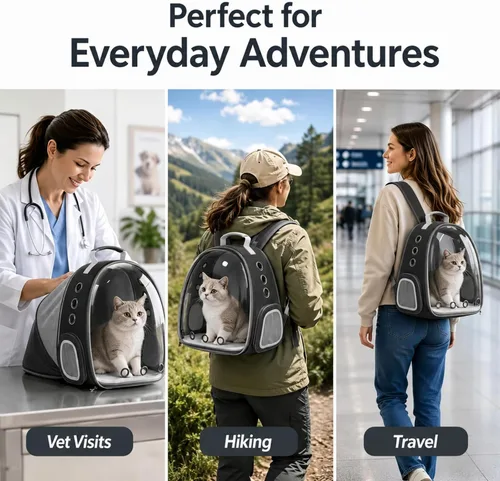 Miniatura 8 de Mochila expandible para gatos y perros, mochila de viaje para mascotas con ventana de burbujas con malla transpirable, estructura anticolapso, Negro
