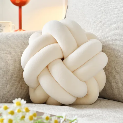 Almohada de nudo de bola, cojín decorativo redondo para arrojar, almohada de felpa suave beige anudada de 8 pulgadas, cojín decorativo de nudo para