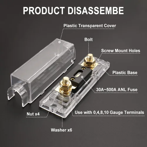 Miniatura 7 de Baomain Kit de portafusibles ANL de 300 A con fusible, terminales chapados en oro, para audio de automóvil, amplificadores, sistemas de CC de 12