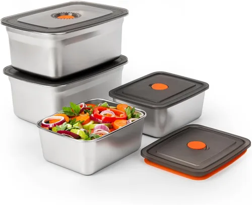 4 recipientes de almacenamiento de alimentos de acero inoxidable (50 onzas + 20 onzas) con tapas, a prueba de fugas y herméticos, recipientes de