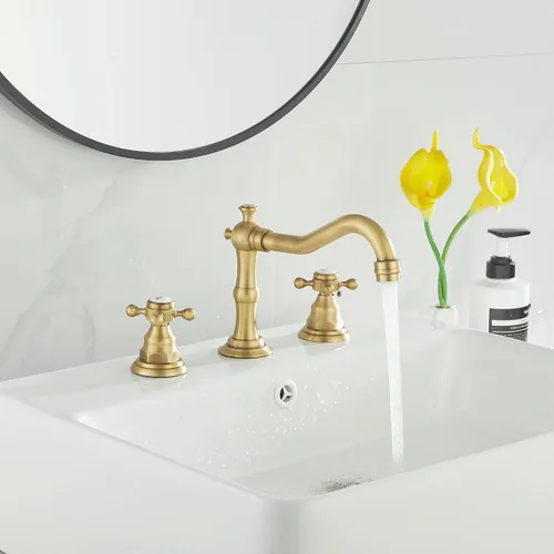 Miniatura 7 de Grifo de 2 manijas para lavabo de baño de tres agujeros, grifo de lavabo extendido, latón antiguo, grifo mezclador con manguera de suministro