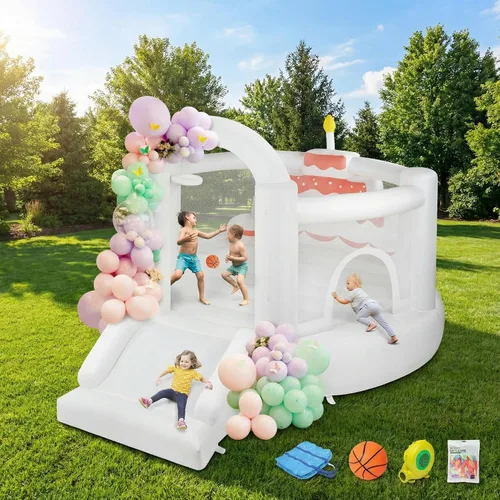 JOYMOR Bounce House para niños (12 pies x 10 pies x 7.2 pies) con tobogán, globos, espaciosa gorila, casa de rebote blanca para fiesta de cumpleaños