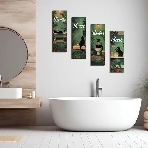 Miniatura 3 de Honoson 4 piezas de arte de pared de baño de gato negro y verde, decoración de pared de baño en negro y verde, para remojar y relajar, respirar
